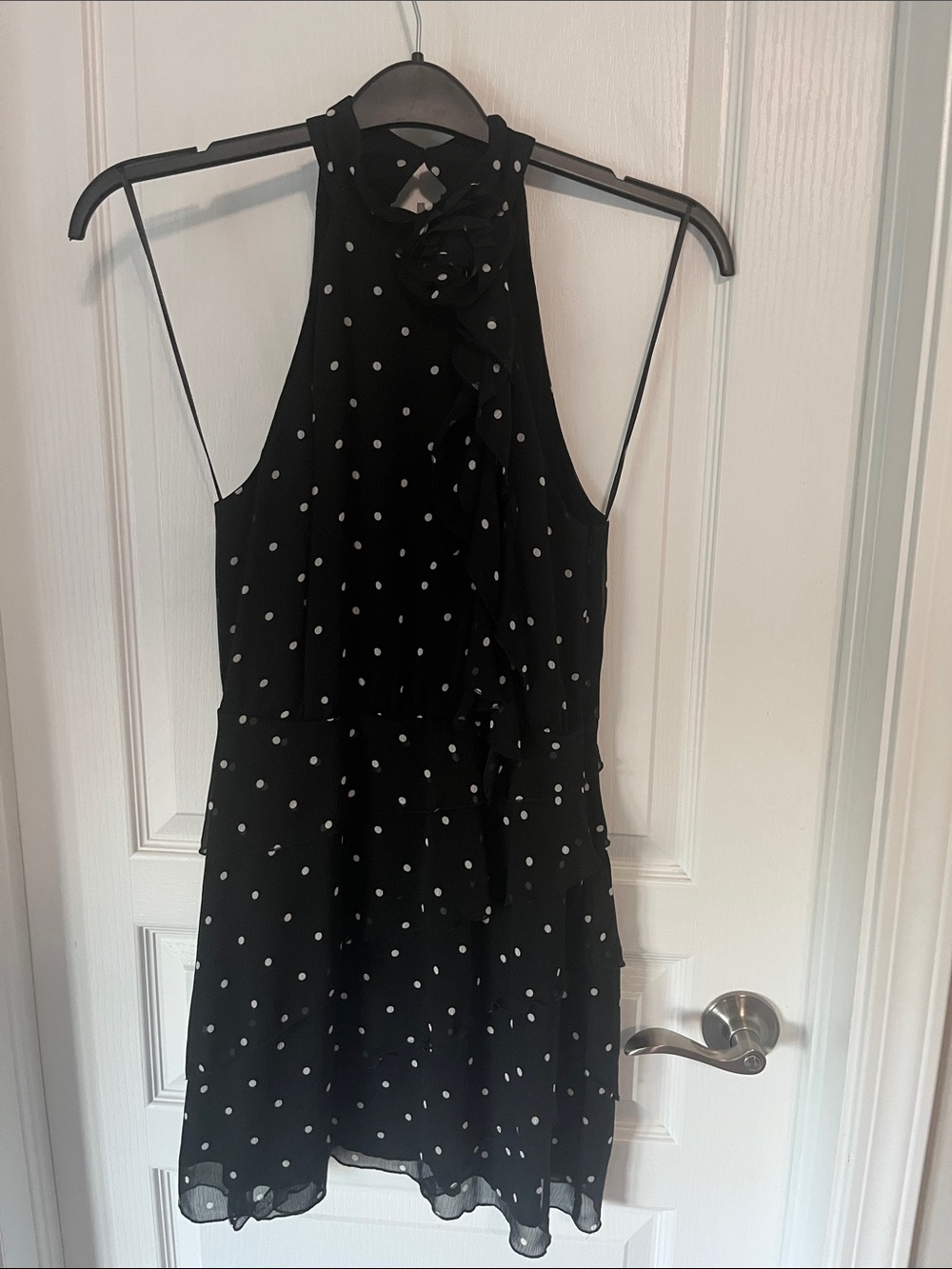 Anthropologie Black Polka Dot Halter Ruffle Mini Dress